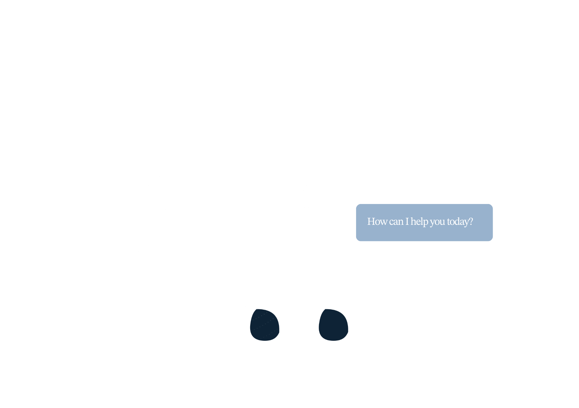 Digital abstract artwork with a large white letter 'A' over a black background, dotted spherical shapes, and a blue speech bubble with the text 'How can I help you today?'