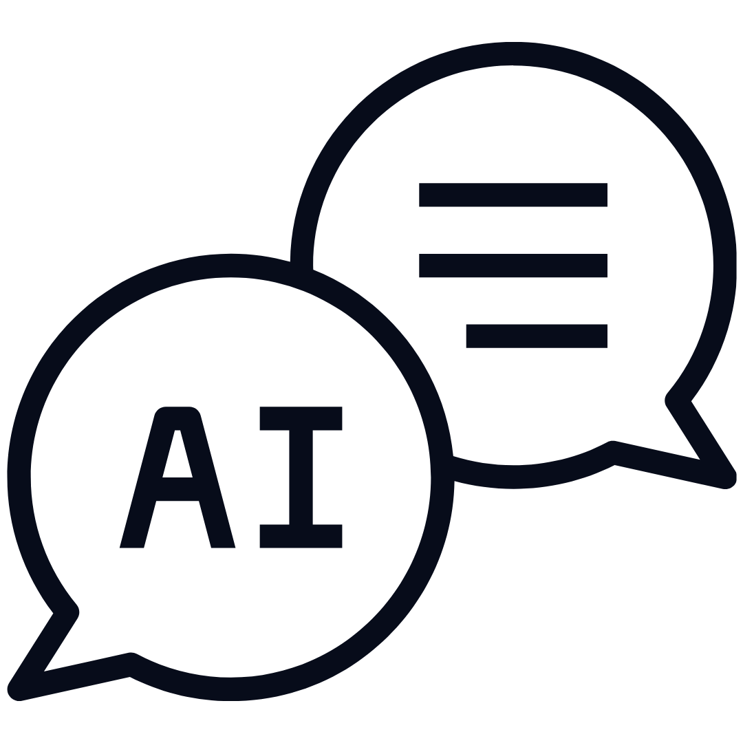 Icon of two speech bubbles with the letters 'AI' in the foreground bubble and lines representing text in the background bubble, symbolizing AI communication or conversation.