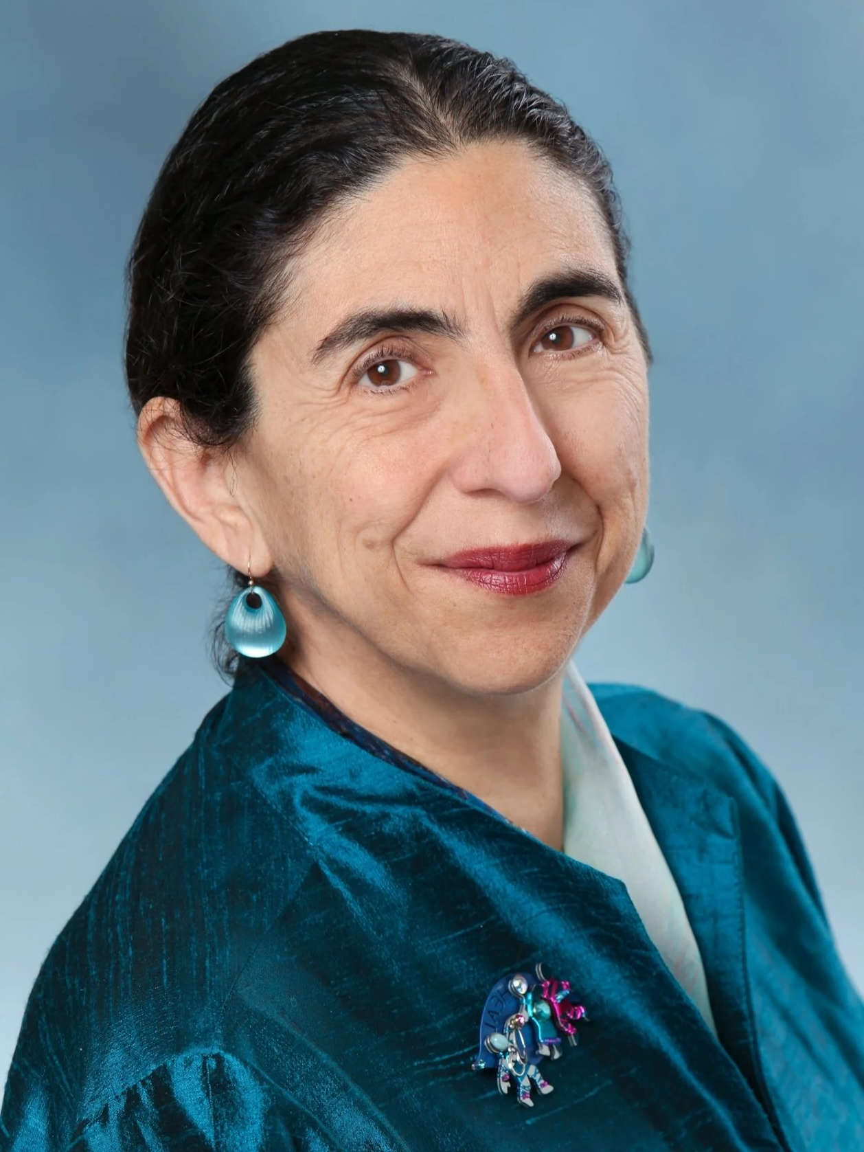 A middle-aged woman with short dark hair, wearing blue earrings and a navy blue jacket with decorative pins, smiling against a light blue background.