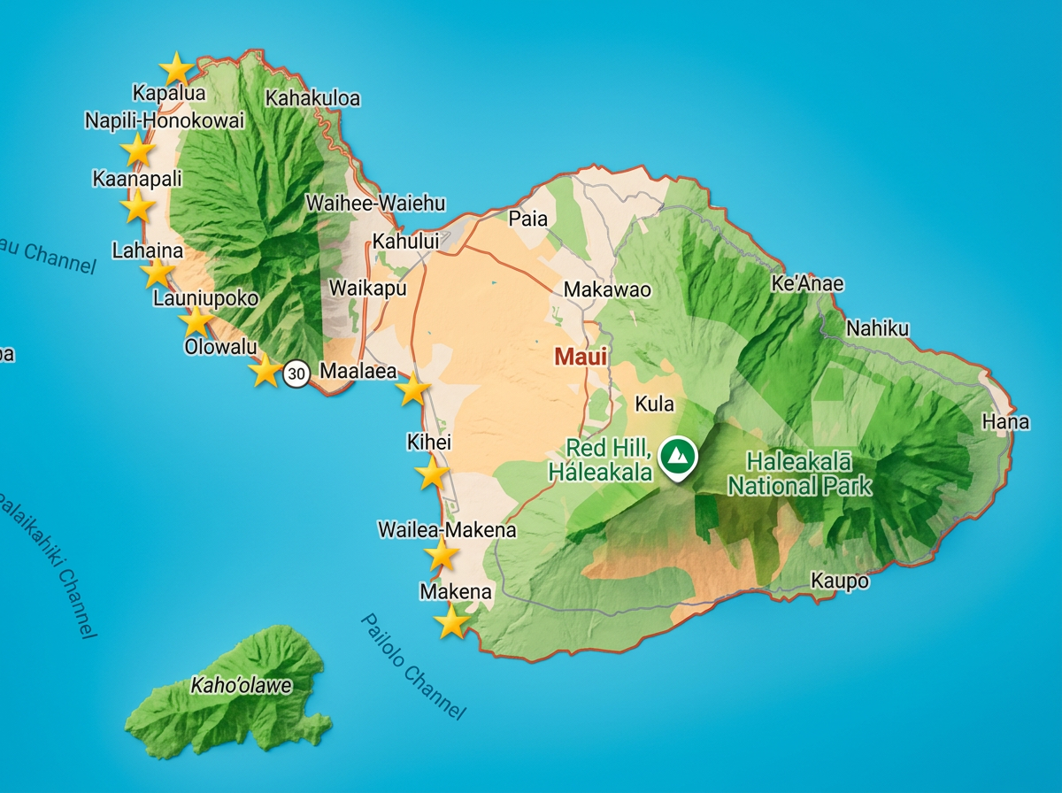 Map of the island of Maui, Hawaii. Showing starred areas to go sea scooter