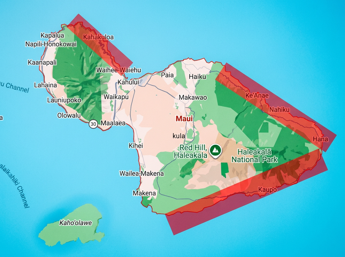 Map of the island of Maui, Hawaii, highlighting areas in red where aloha sea scooters does no deliver too nor can use a sea scooter at