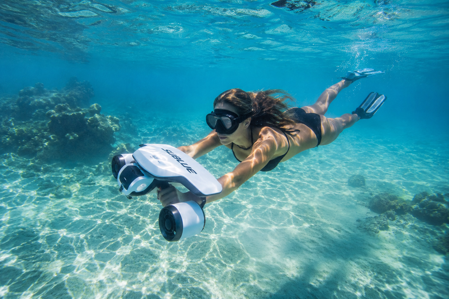 A woman swimming underwater with a white underwater scooter, wearing a black bikini, goggles, and fins.