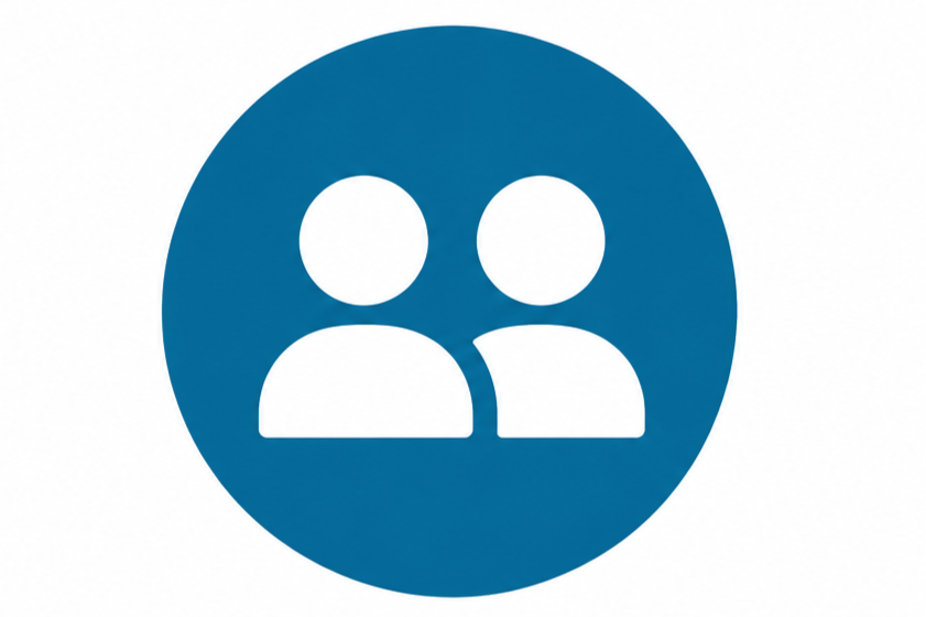 Blue circle icon with two white stylized human figures representing people or users.