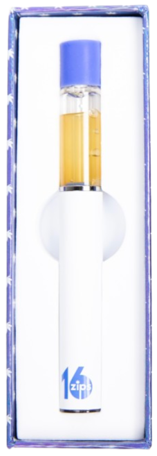 A handheld personal vaporizer or e-cigarette with a blue cap and clear window showing yellow liquid inside, placed in a box.
