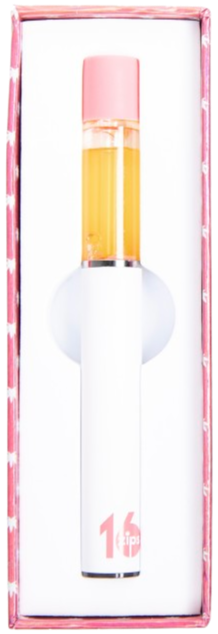 A white cylindrical device with a pink cap, a transparent section showing yellow inner parts, and a pink number '16' on its body, placed inside a pink border.