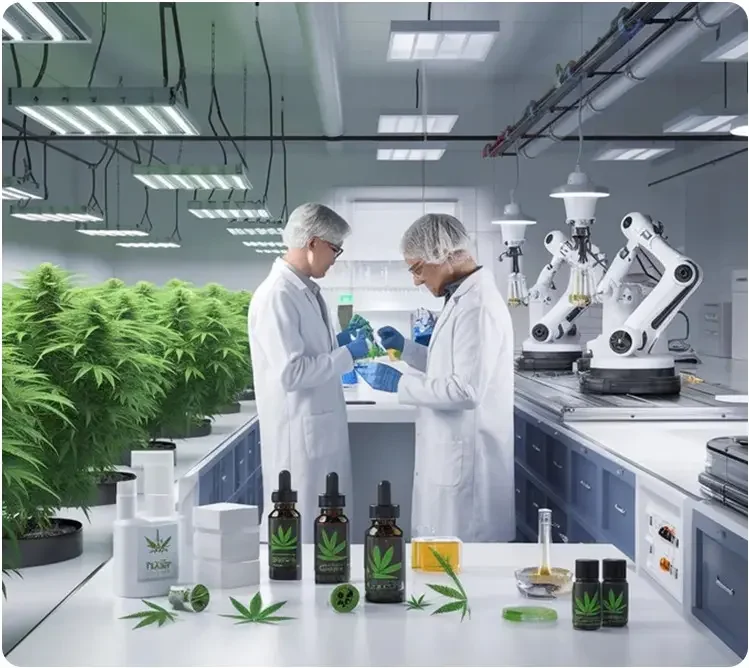 Scientists in a modern laboratory working with cannabis plants and extracting CBD products.