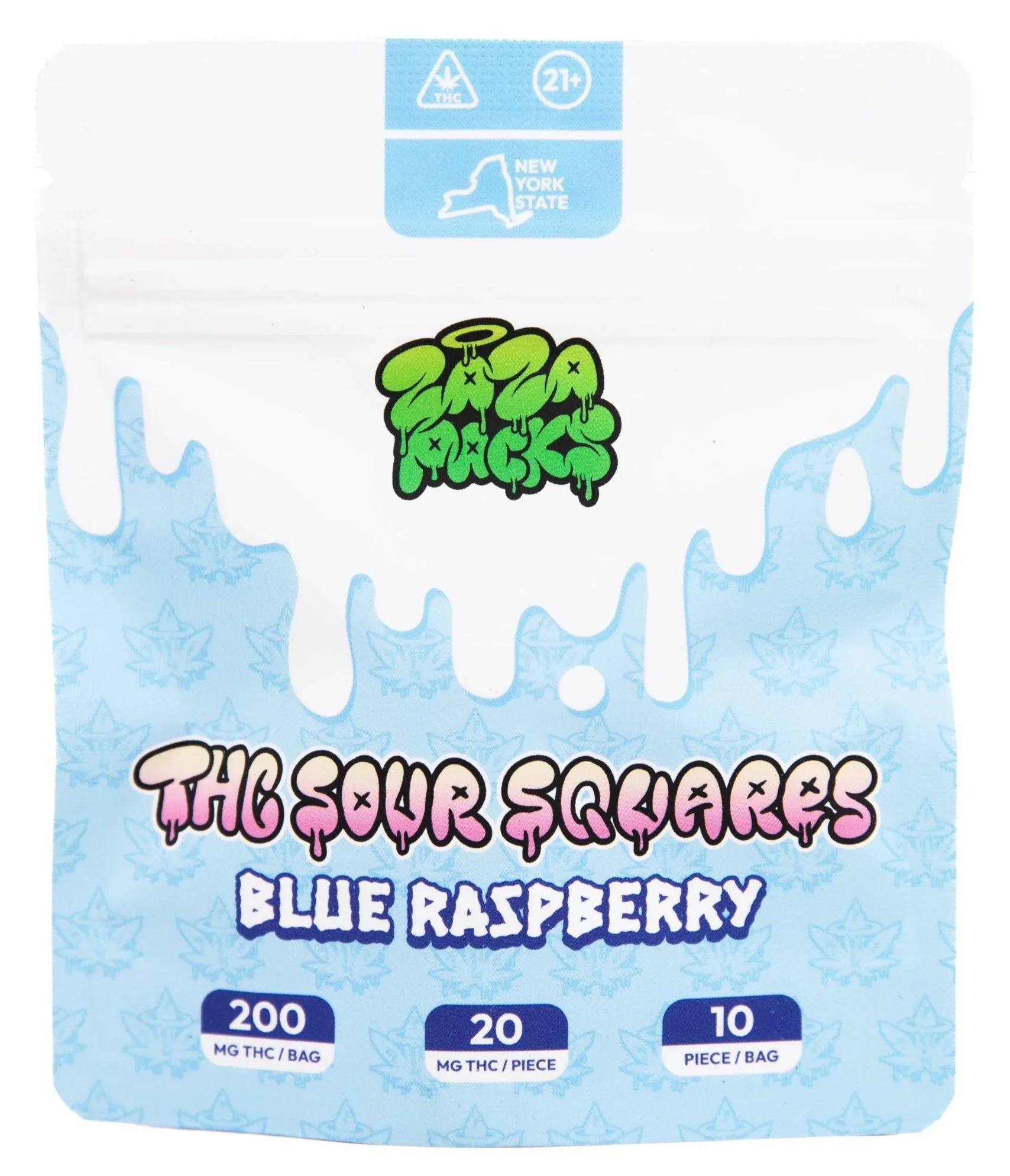 Package of THC sour squares with blue raspberry flavor, containing 200 mg THC per bag, 20 mg THC per piece, and 10 pieces per bag. The package has a cannabis leaf and New York State symbols.