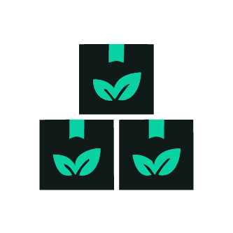 Three boxes stacked in a pyramid, each with a leaf logo on a black background.