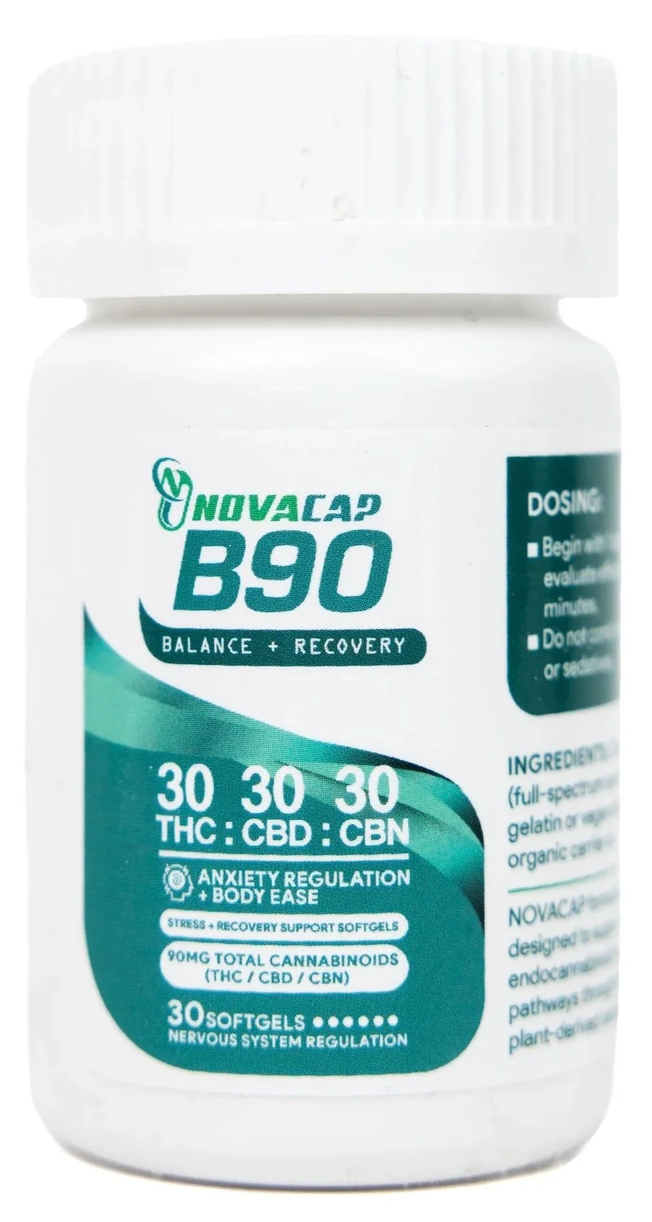 Bottle of NOVACAP B90 balance and recovery softgels, containing THC, CBD, and CBN, designed for anxiety regulation and nervous system support.
