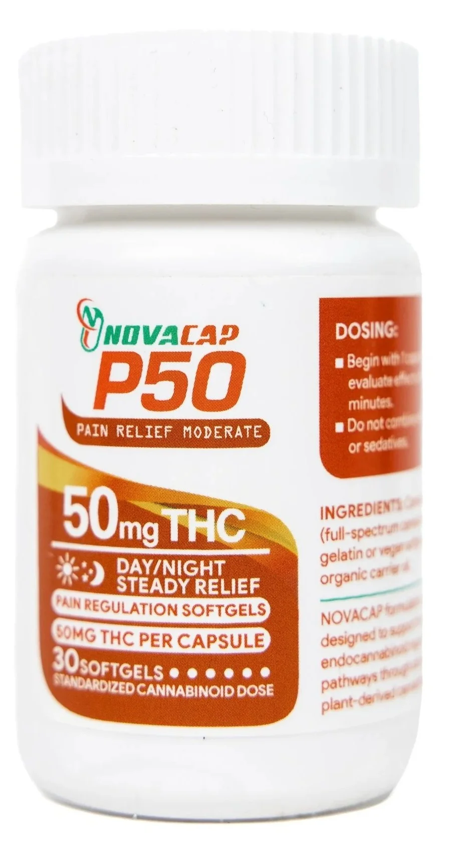 Bottle of NOVACAP P50 CBD softgels with 50 mg THC, labeled for moderate pain relief, containing 30 softgels, with dosage and ingredient information visible.