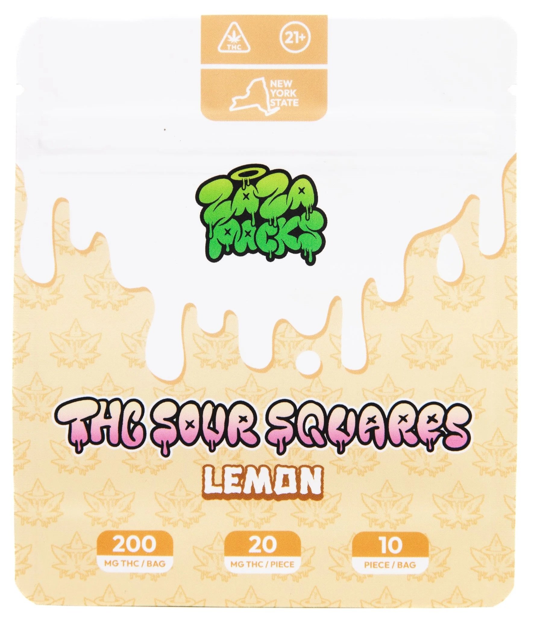 Packaging label for sour square candies, flavored lemon, with cannabis content information, including 200 mg THC per bag, 20 mg THC per piece, and 10 pieces per bag. The label features green, dripping, cartoon style text and a cannabis leaf logo, with age restriction and New York state markings.