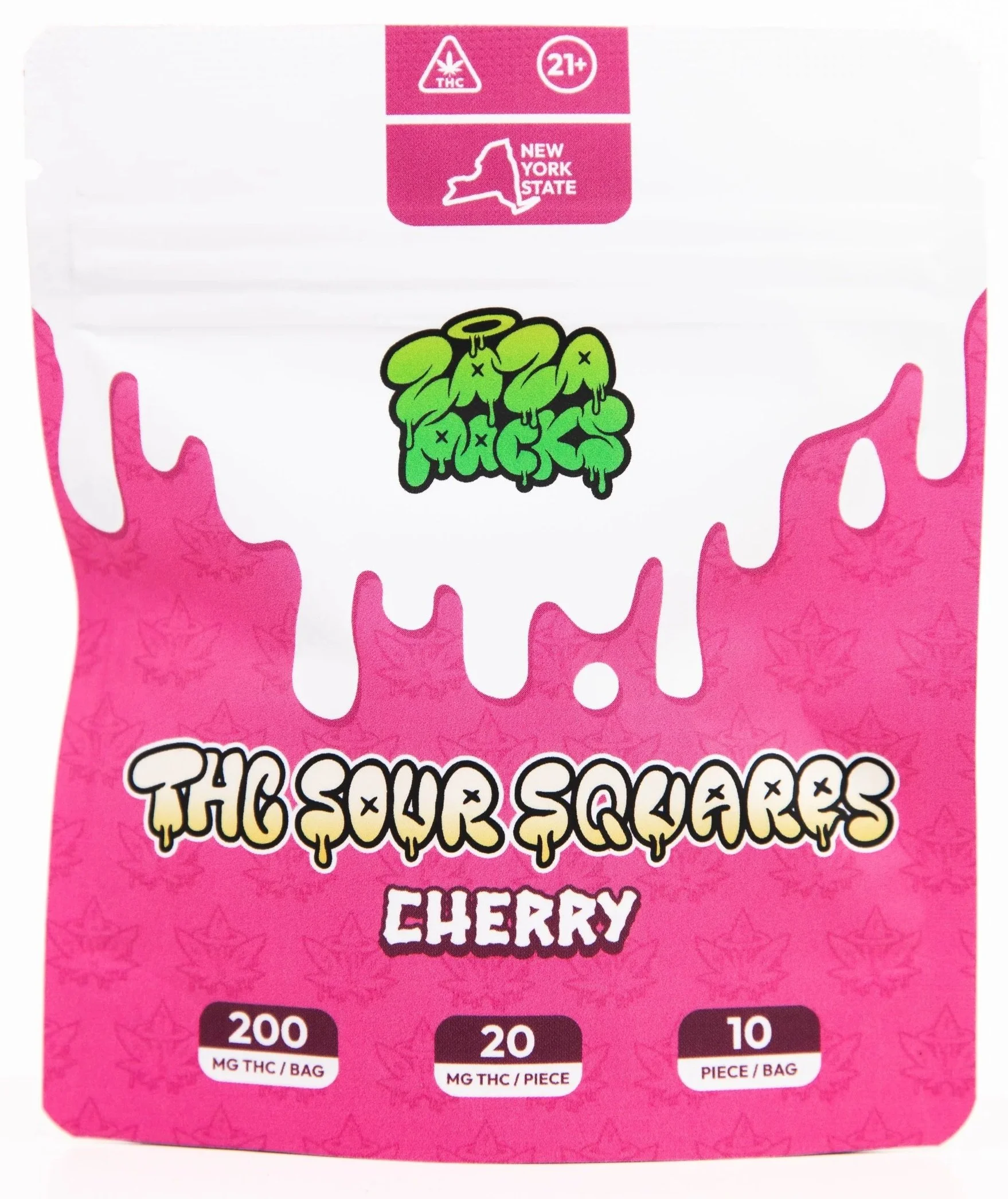 Package of sour cherry-flavored cannabis gummies featuring a green and black logo, with THC and age restriction symbols, and details about THC content and dosage.