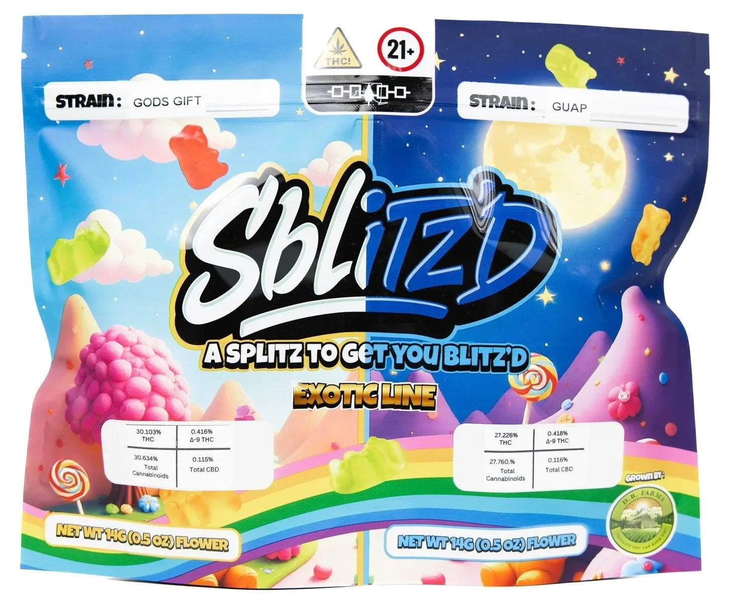 Colorful candy packaging with cartoon landscape, moon, stars, clouds, and mountains, labeled "Sblized" with strain names 'Gods Gift' and 'Gup', THC and CBD content, and eco-friendly farm certification.