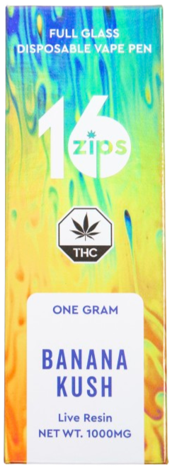 Packaging for Banana Kush disposable vape pen with THC, 1 gram, 1000mg, indicating full glass and live resin, with colorful abstract background.