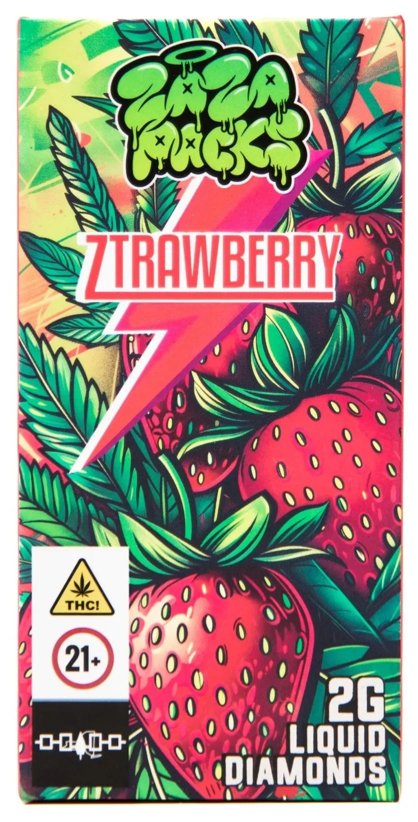Colorful packaging of a cannabis product with a vibrant illustration of strawberries and leaves, labeled "Strawberry" and "2G Liquid Diamonds," with THC warning and age restriction icons.