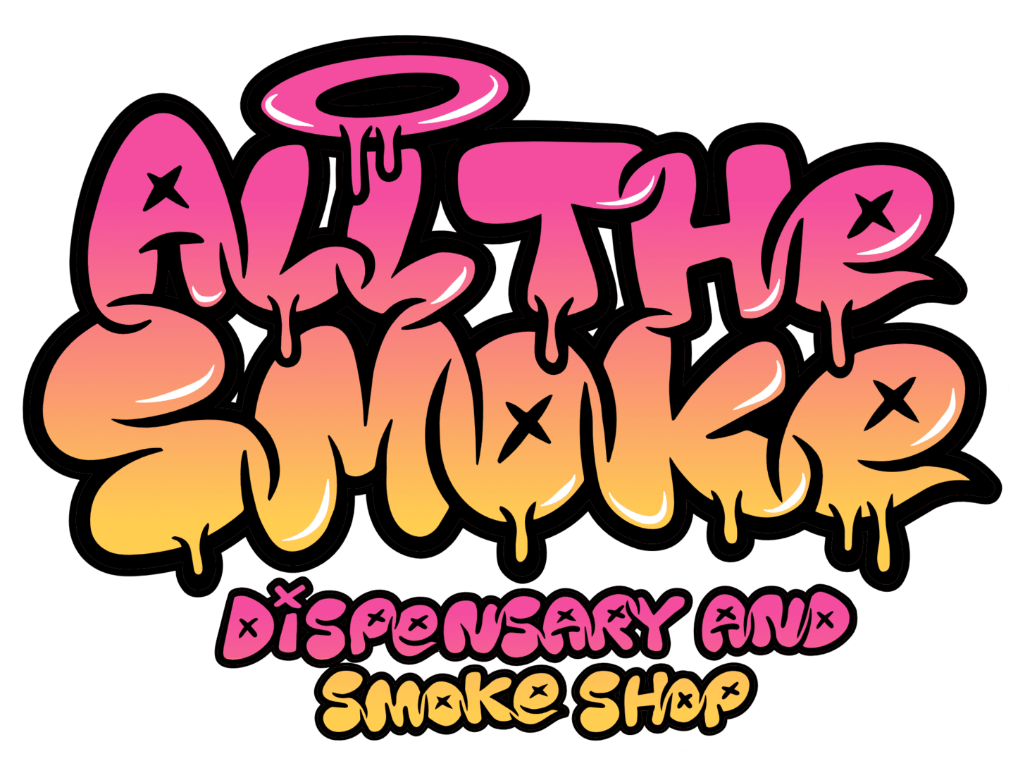 Graffiti-style logo with the words 'All That Smoke' in pink and yellow gradient, with a halo above the 'A' and stylized drips, and the tagline 'Dispensary and Smoke Shop' underneath.