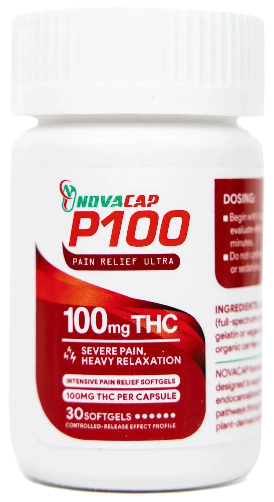 Bottle of NovaCAP P100 softgels for pain relief with 100mg THC.