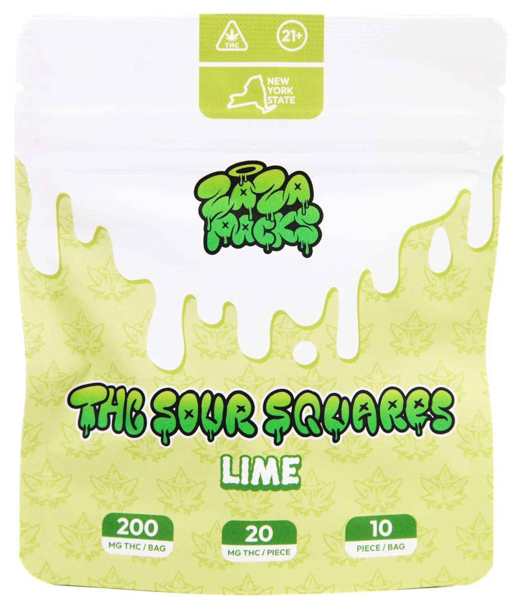 Packaging for THC sour squares in lime flavor with text indicating 200 mg THC per bag, 20 mg THC per piece, and 10 pieces per bag, featuring a green and white design with a logo of a cartoonish brain with a halo, and cannabis leaf patterns in the background.