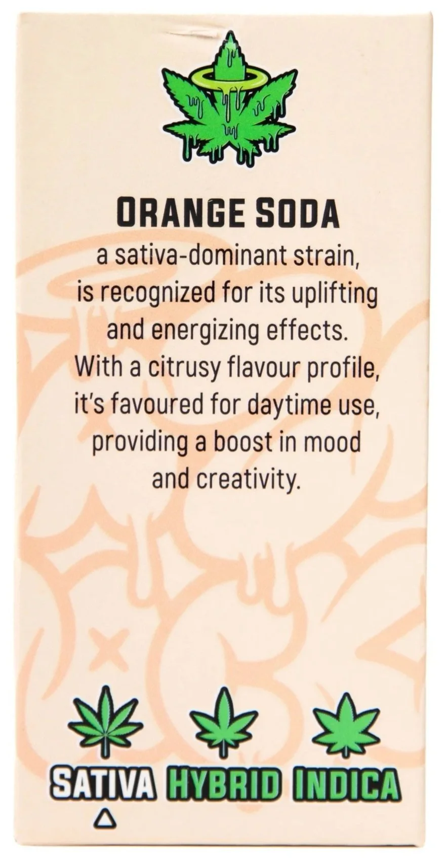 Description of the product packaging for a cannabis strain called Orange Soda, containing sativa-dominant hybrid indica, with a green marijuana leaf illustration and text highlighting its uplifting and energizing effects, citrus flavor, and suitable for daytime use.