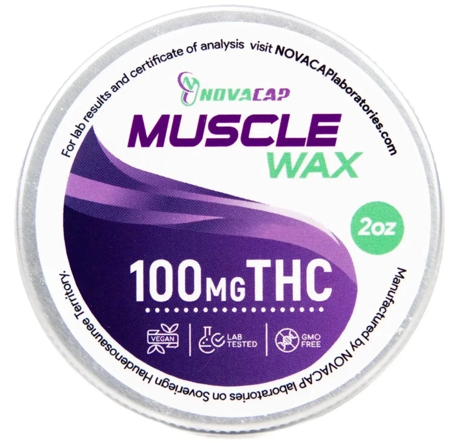 Container of MUSCLE WAX muscle wax with 100 mg THC, 2 oz size, labeled vegan, lab tested, GMO free.