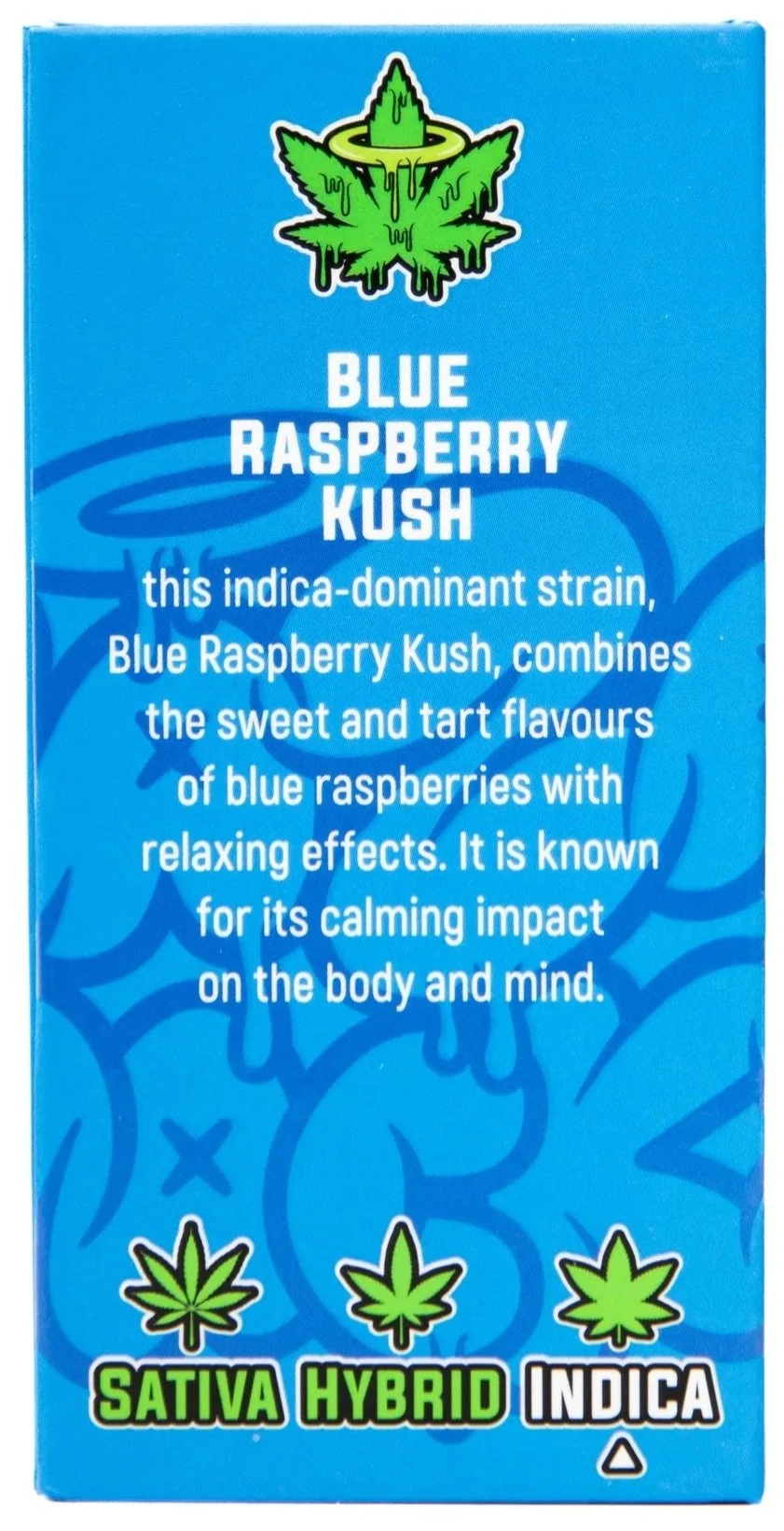 Blue Raspberry Kush cannabis strain packaging featuring a blue background, a green cannabis leaf logo with a halo, and labels for sativa hybrid indica.