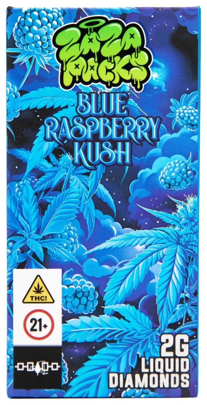 Packaging of a cannabis product called "Tropical Punch Blue Raspberry Kush" with blue raspberry and cannabis leaf illustrations, legal warning labels, and indication of 2 grams of liquid diamonds.