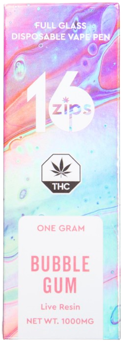 Packaging of disposable vape pen with holographic background, labeled 'Full Glass Disposable Vape Pen,' containing 10 individual bubblegum flavored vape pens with live resin, 1000mg total THC.