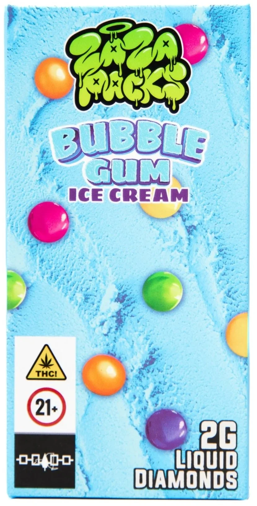 Colorful package of bubble gum-flavored liquid diamonds with a blue icy background, featuring multicolored spheres, and warnings indicating it is for adults 21 and over.