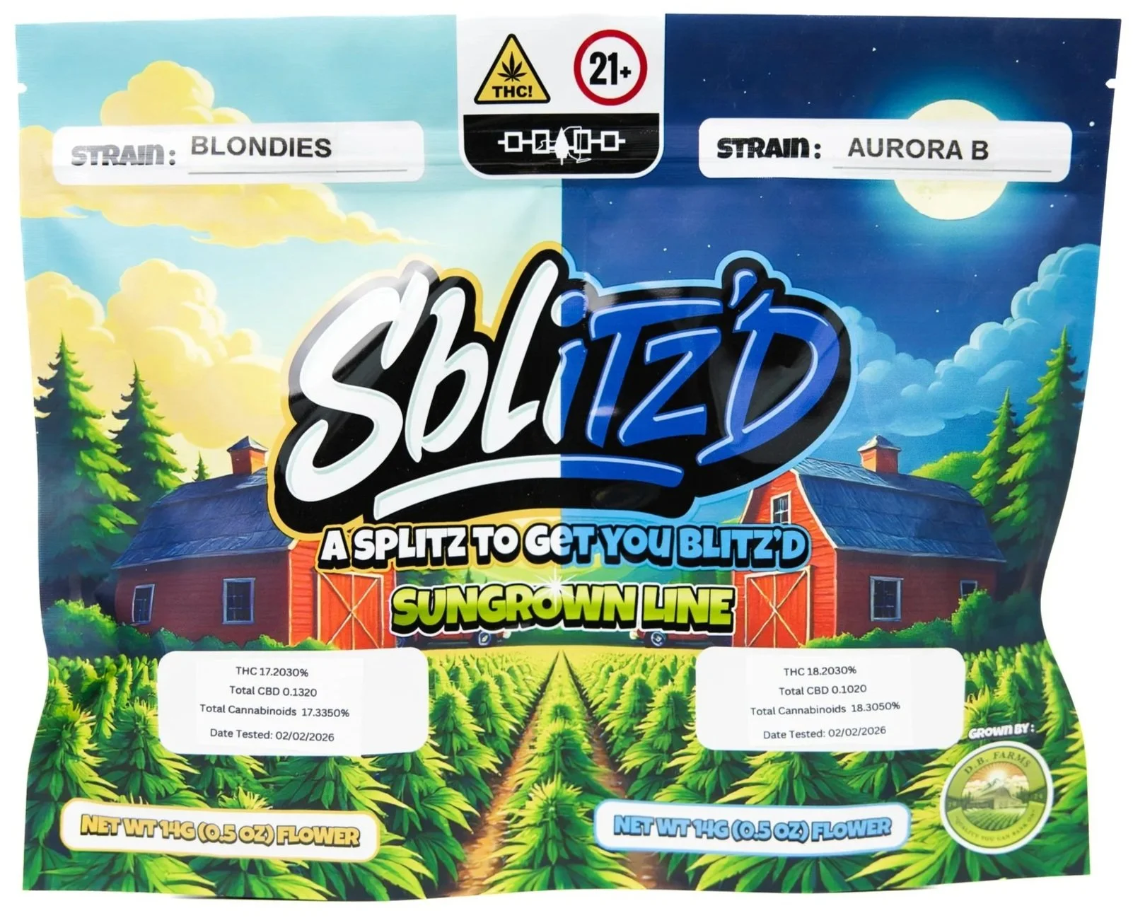 Packaging of a cannabis product called 'Sblitzed,' showing a contrasting daytime and nighttime farm scene with a barn, trees, and a field of cannabis plants. The label includes strain names 'Blondies' and 'Aurora B,' and details about THC and CBD content, with a net weight of 14 grams (0.5 ounces).