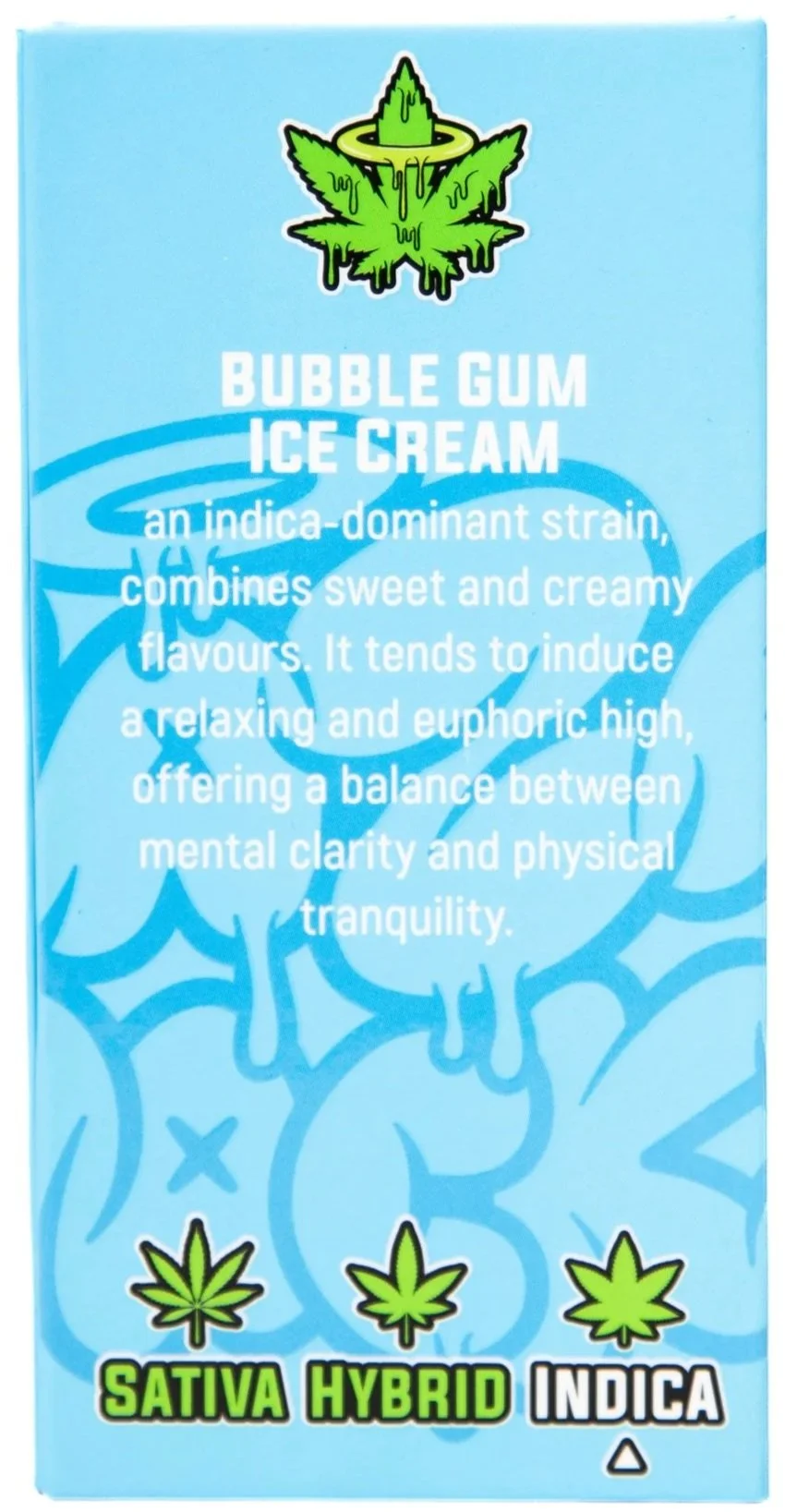 Blue packaging of Bubble Gum Ice Cream with a marijuana leaf logo at the top. Contains text about the strain's effects and type, indicating it is a hybrid indica with sativa and indica symbols at the bottom.