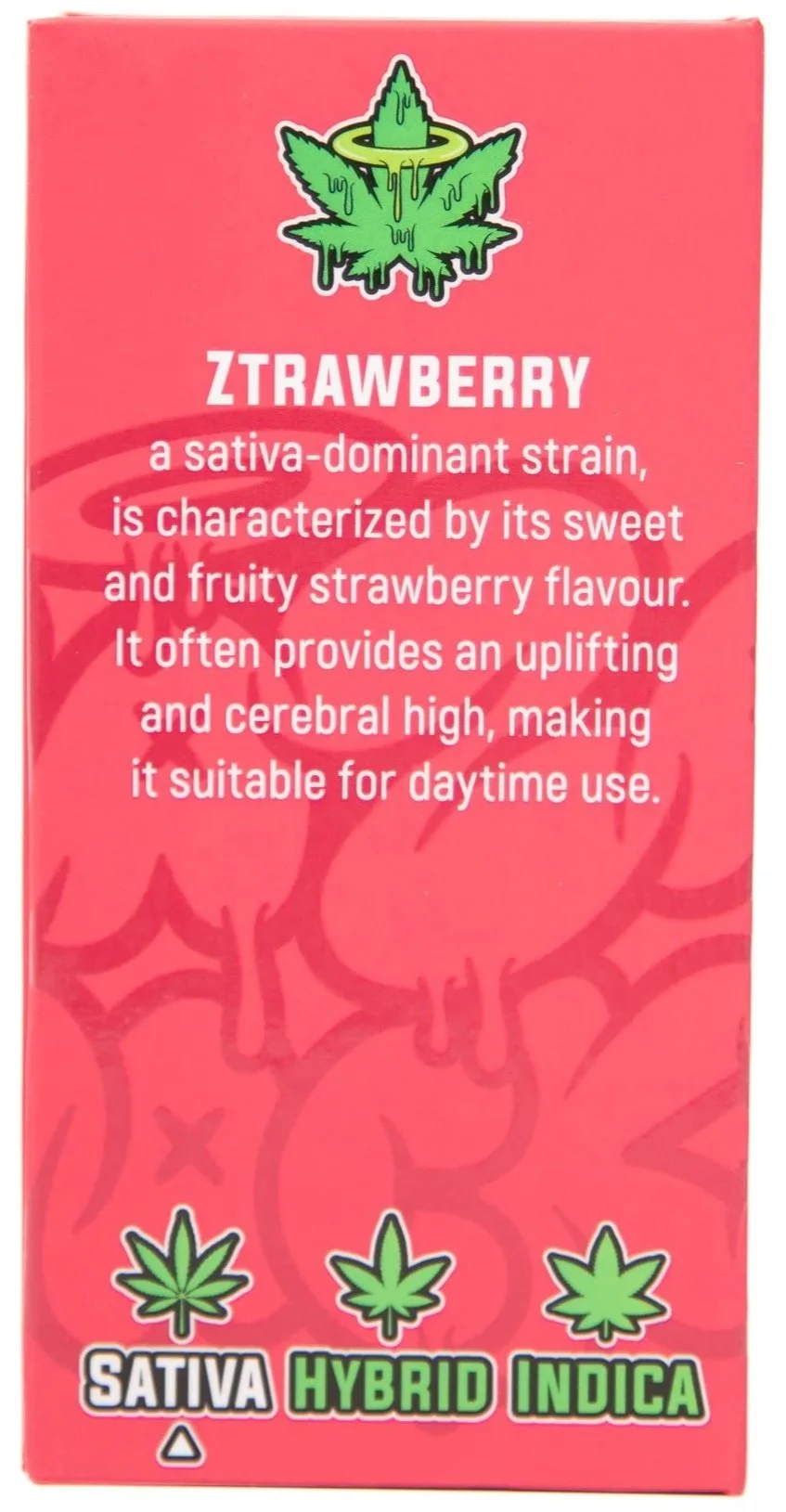 Packaging of strawberry-flavored cannabis strain with a pink background, green cannabis leaf illustration with a halo, and labels indicating sativa, hybrid, and indica.