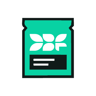 A teal-colored packet of plant-based snack or food product with white leaf design and black label area.