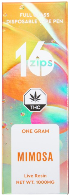 A package of disposable vape pen labeled 'Mimosa' with 1000mg THC live resin, 16 zips, and a cannabis leaf symbol.