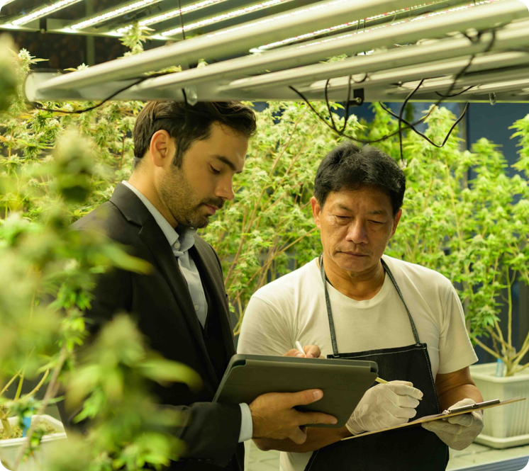 Two men in a greenhouse examining cannabis plants, one holding a clipboard and the other a tablet.
