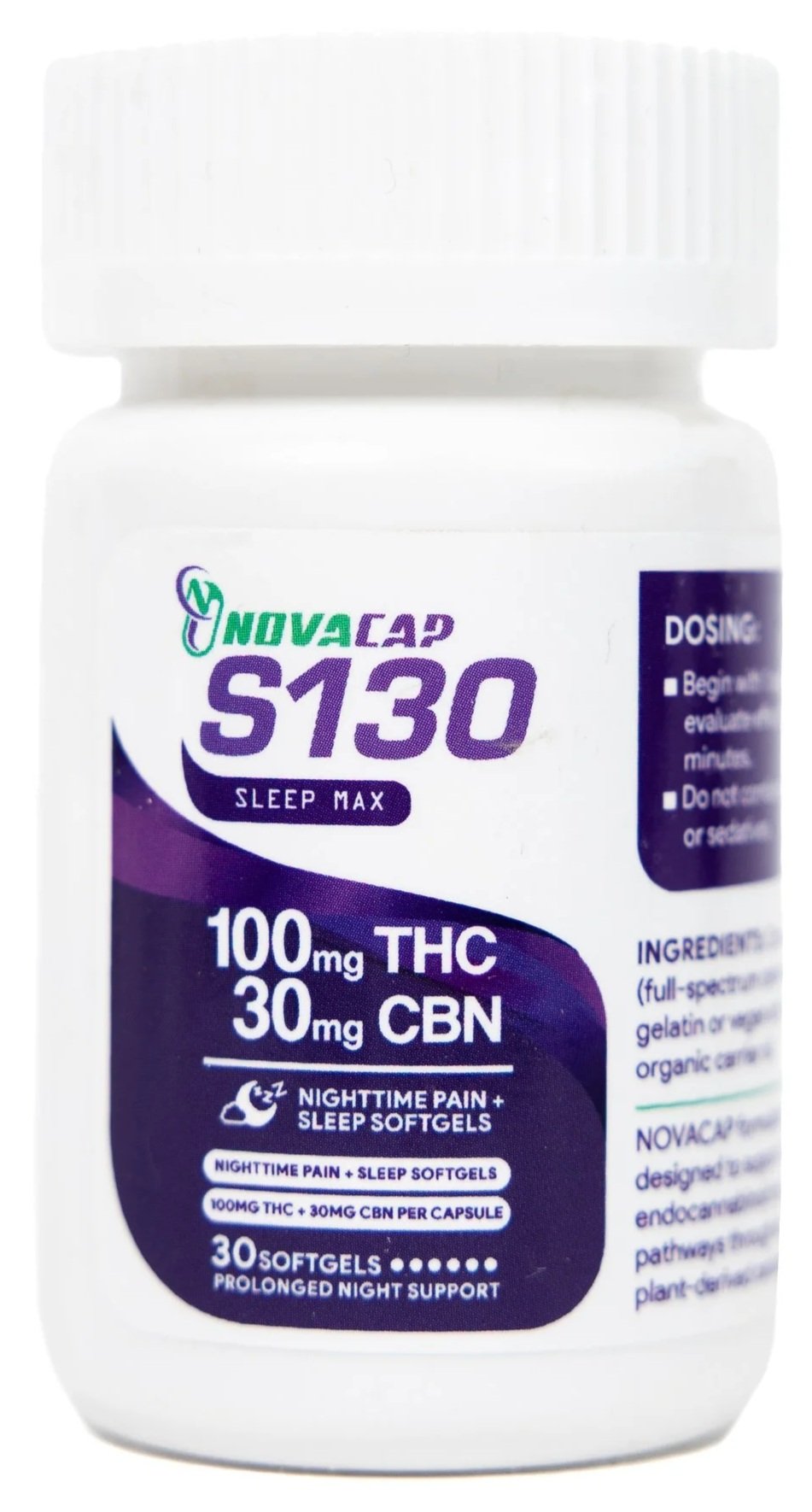 Bottle of Novacap S130 Sleep Max with ingredients including THC and CBN for nighttime pain and sleep support.