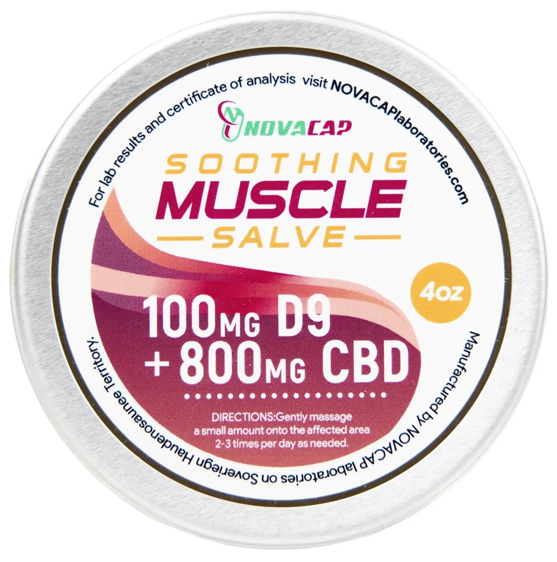 A metal tin of Sooting Muscle Salve with label indicating 100 mg D9 THC and 800 mg CBD, 4 ounces, with directions for gentle massage on affected area.