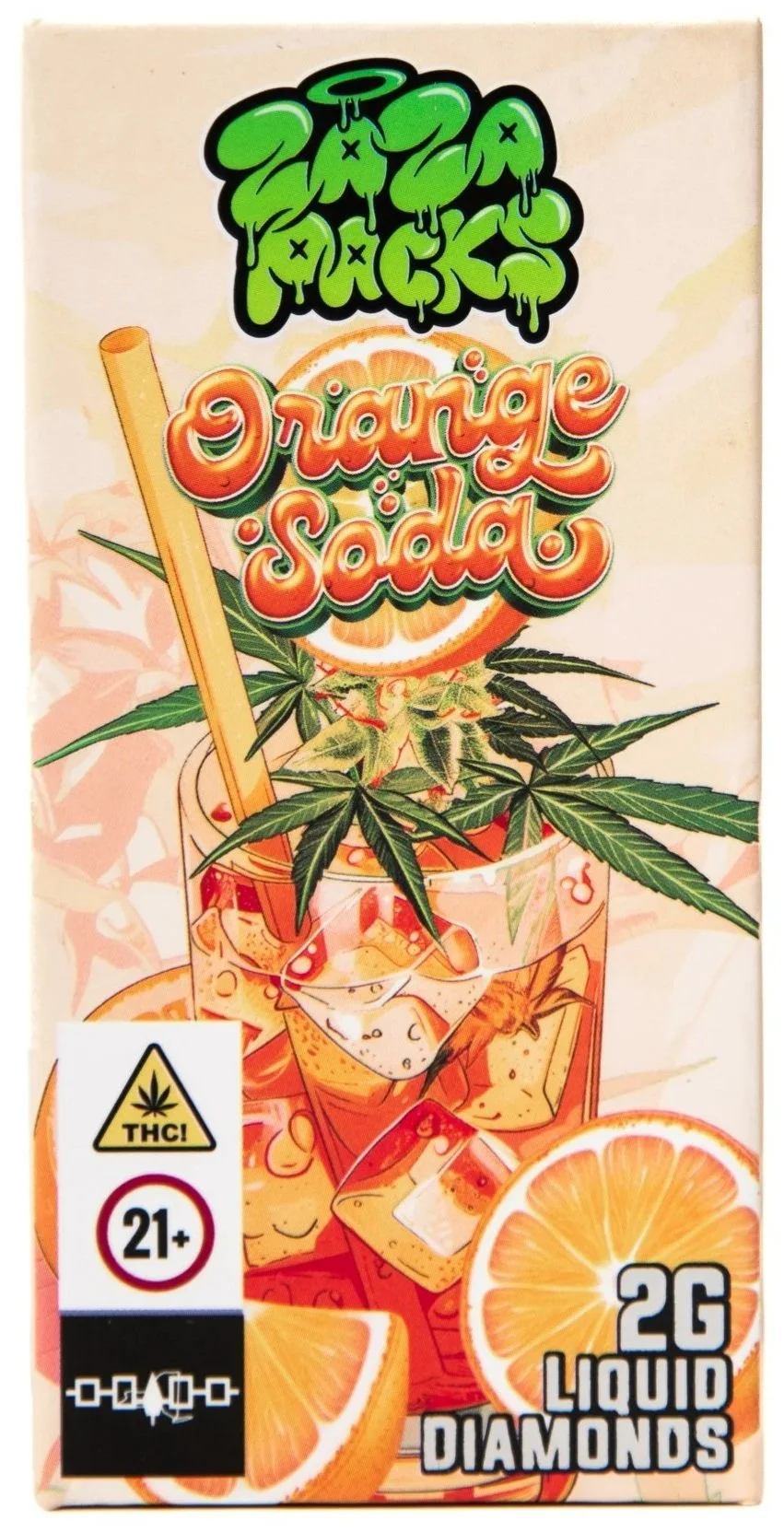 A colorful drink with ice cubes, orange slices, and cannabis leaves, labeled as Orange Soda with 2 grams of liquid diamonds, THC warning, age 21+.