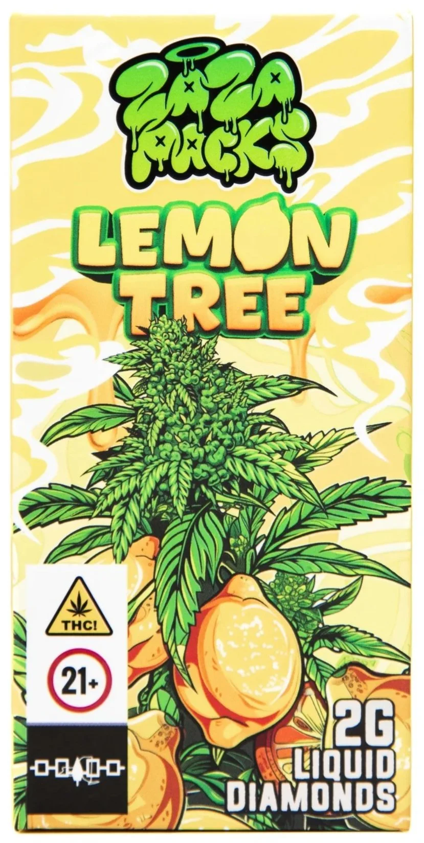 A colorful illustrated packaging with a large cannabis plant and lemons. Text includes 'Lemon Tree' and warning symbols for THC and 21+ age restriction, as well as '2G Liquid Diamonds'.