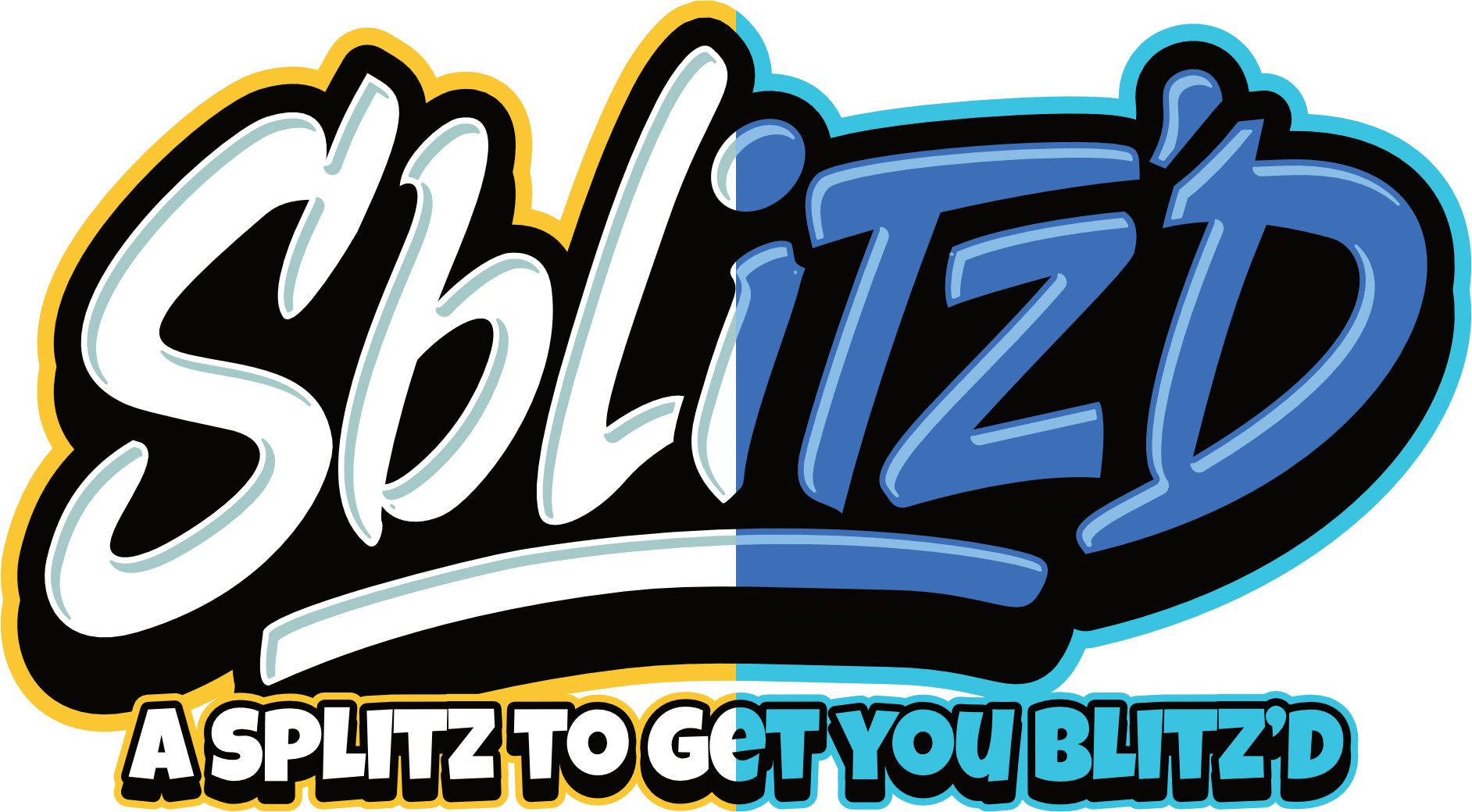 Logo for Shlitz, a beer brand, with the tagline "A SPLITZ TO GET YOU BLITZ'D." The logo has stylized text with "Shlitz" in bold, with the 'Sh' in white with black outline and the rest in blue with black outline, and the tagline in bold white and blue