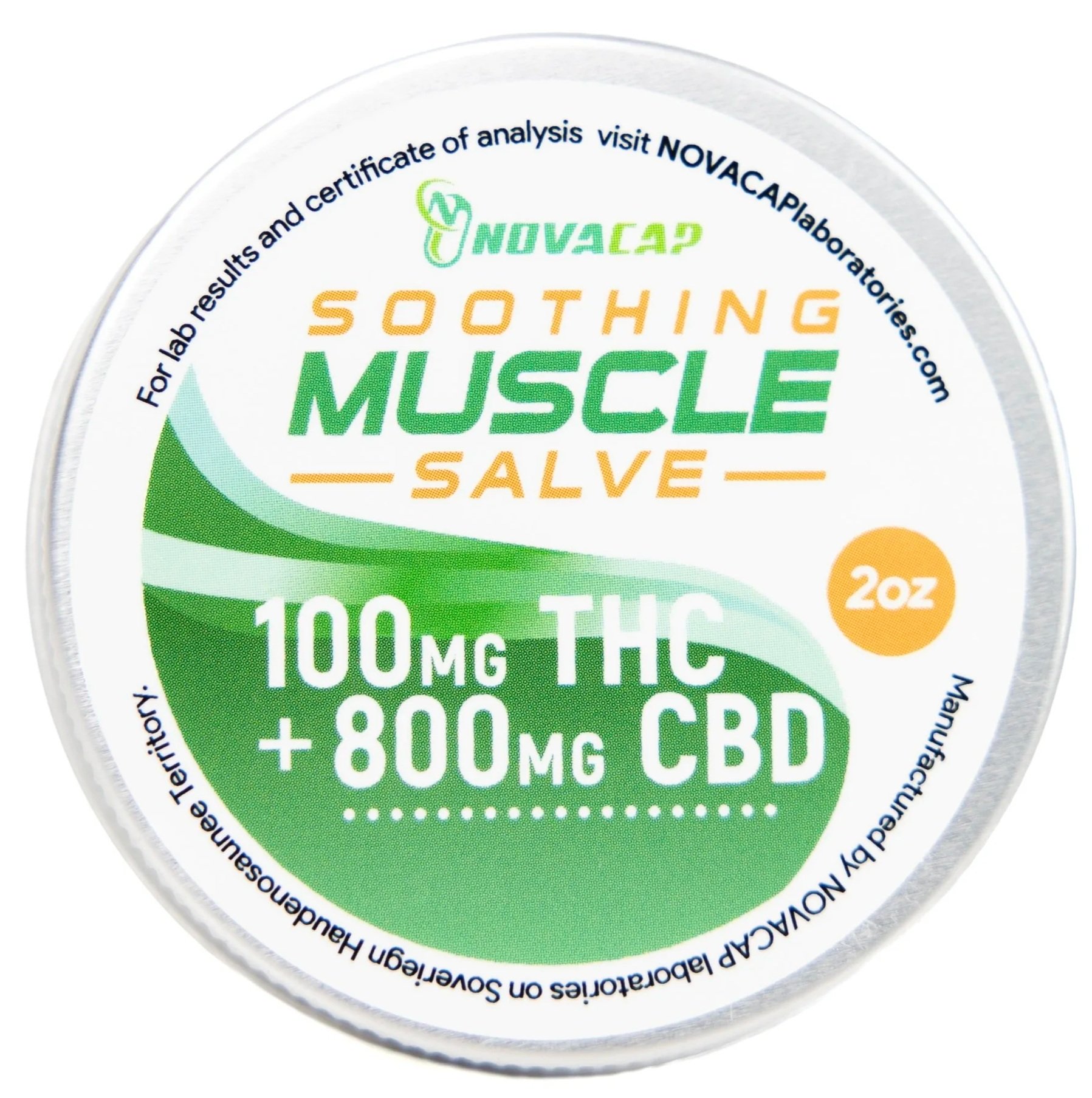 A container of soothing muscle salve with 100mg THC and 800mg CBD in a 2oz size, featuring green, white, and orange labeling.