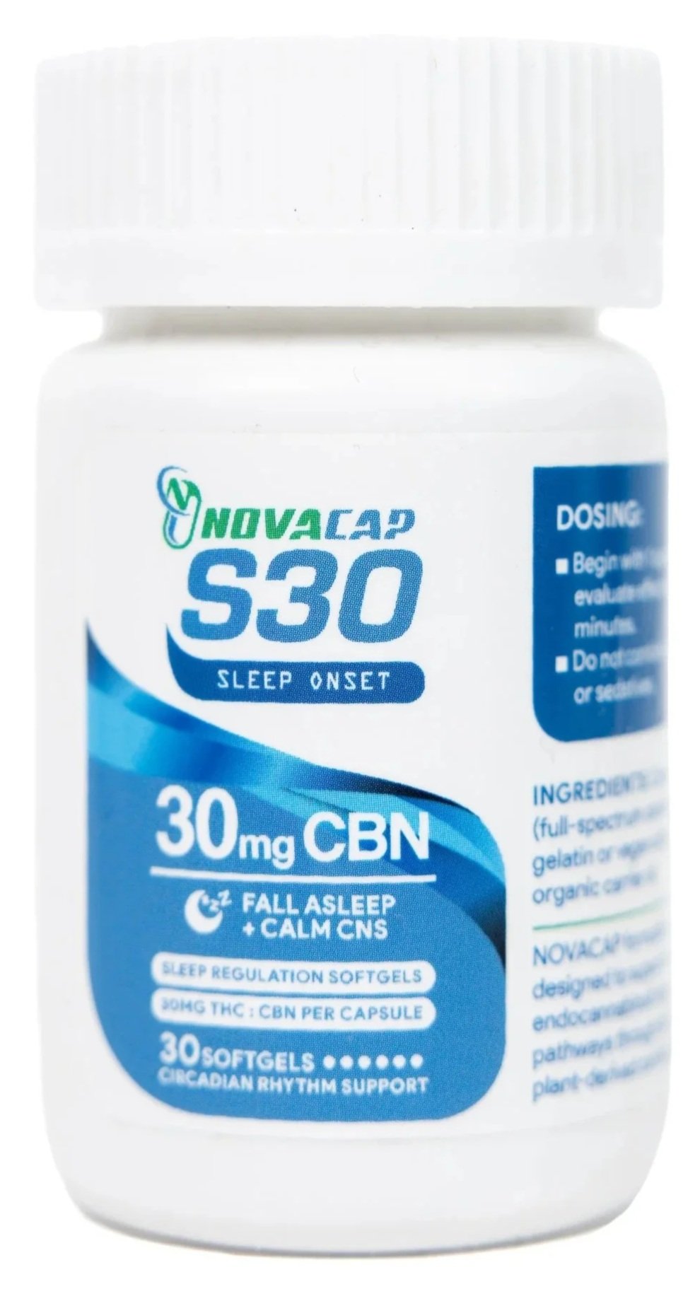 A white bottle of NovaCap S30 Sleep Onset capsule supplements, containing 30 softgels with 30 mg of CBN for sleep regulation and calming the central nervous system.