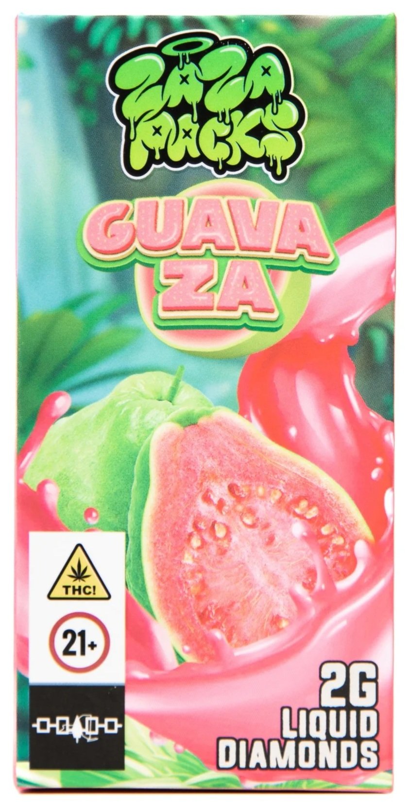 Packaging of a cannabis product in a bright green and pink box labeled 'Gushers Guava Zaza' with images of guava fruit and splashes of pink liquid, THC and age restriction symbols, and product details indicating 2 grams of liquid diamonds.