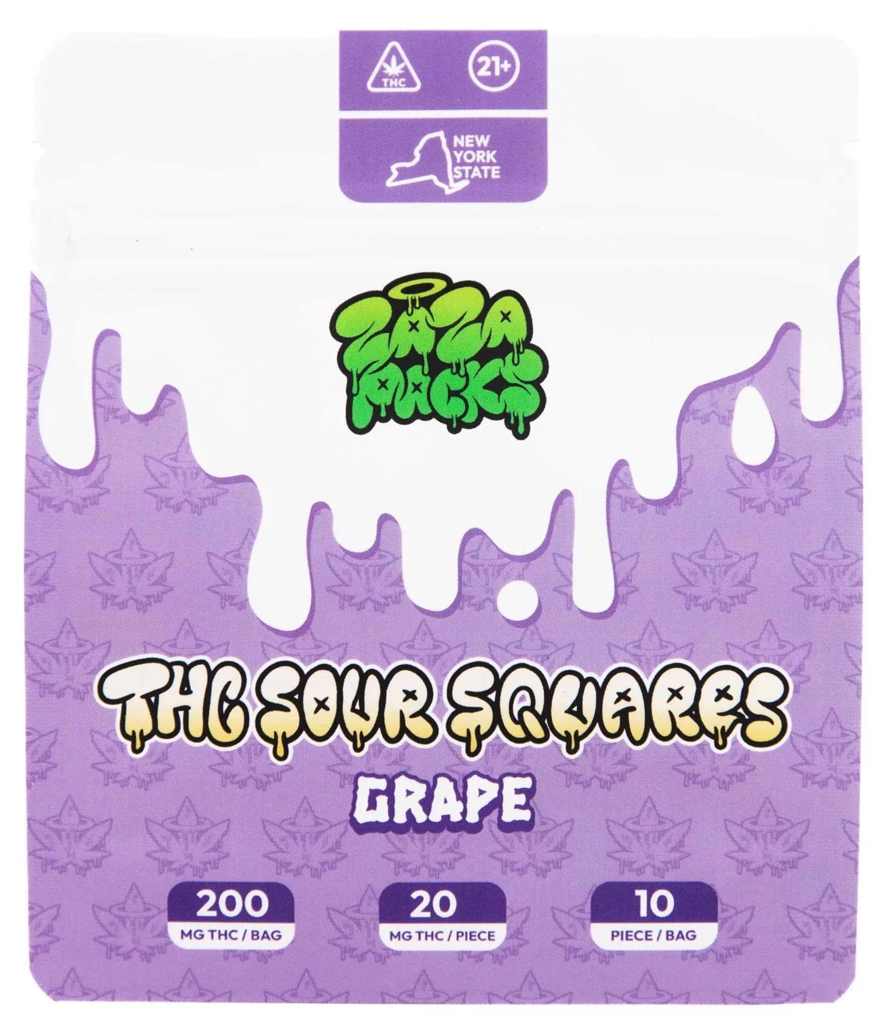 Packaging for flavored cannabis sour squares, grape flavor, with THC content details and New York State compliance symbols, featuring purple and green design elements.