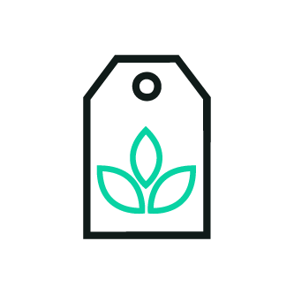 Simple line drawing of a price tag with a leaf inside.