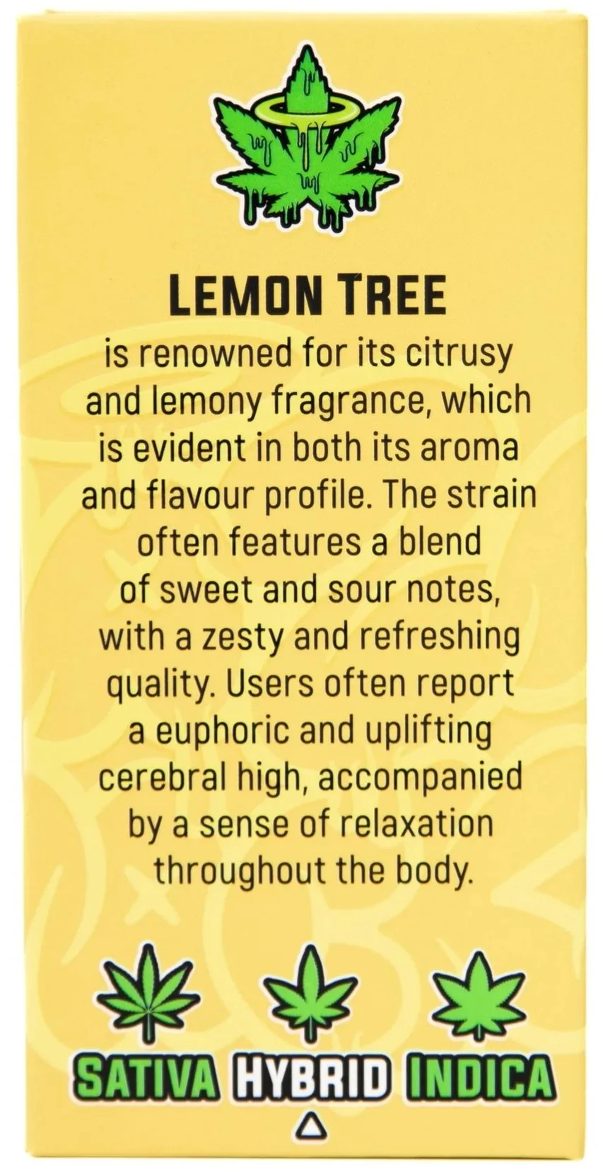 Information about Lemon Tree cannabis strain with a yellow background, a cannabis leaf with a halo at the top, and icons for Sativa, Hybrid, and Indica at the bottom.