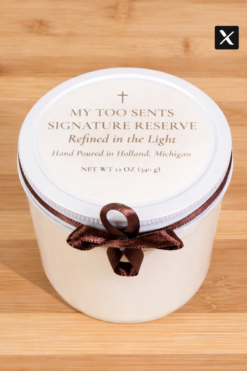 A white container with a brown ribbon tied around it, featuring a label that reads 'My Too Sents Signature Reserve Refined in the Light Hand Poured in Holland, Michigan, NET WT 12 OZ (340 g)' on a wooden surface.