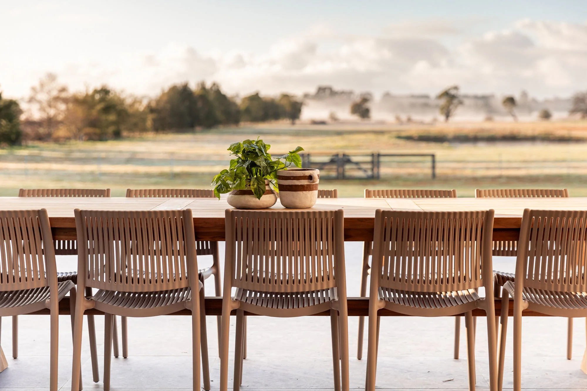 Long wooden table with beige chairs around it, and two potted plants on top, overlooking a countryside landscape with fields and trees.