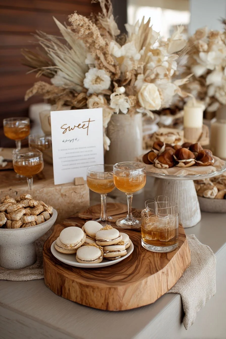 Elegant dessert and beverage table with macarons, cookies, and drinks, decorated with dried flowers and candles for a celebration or gathering.