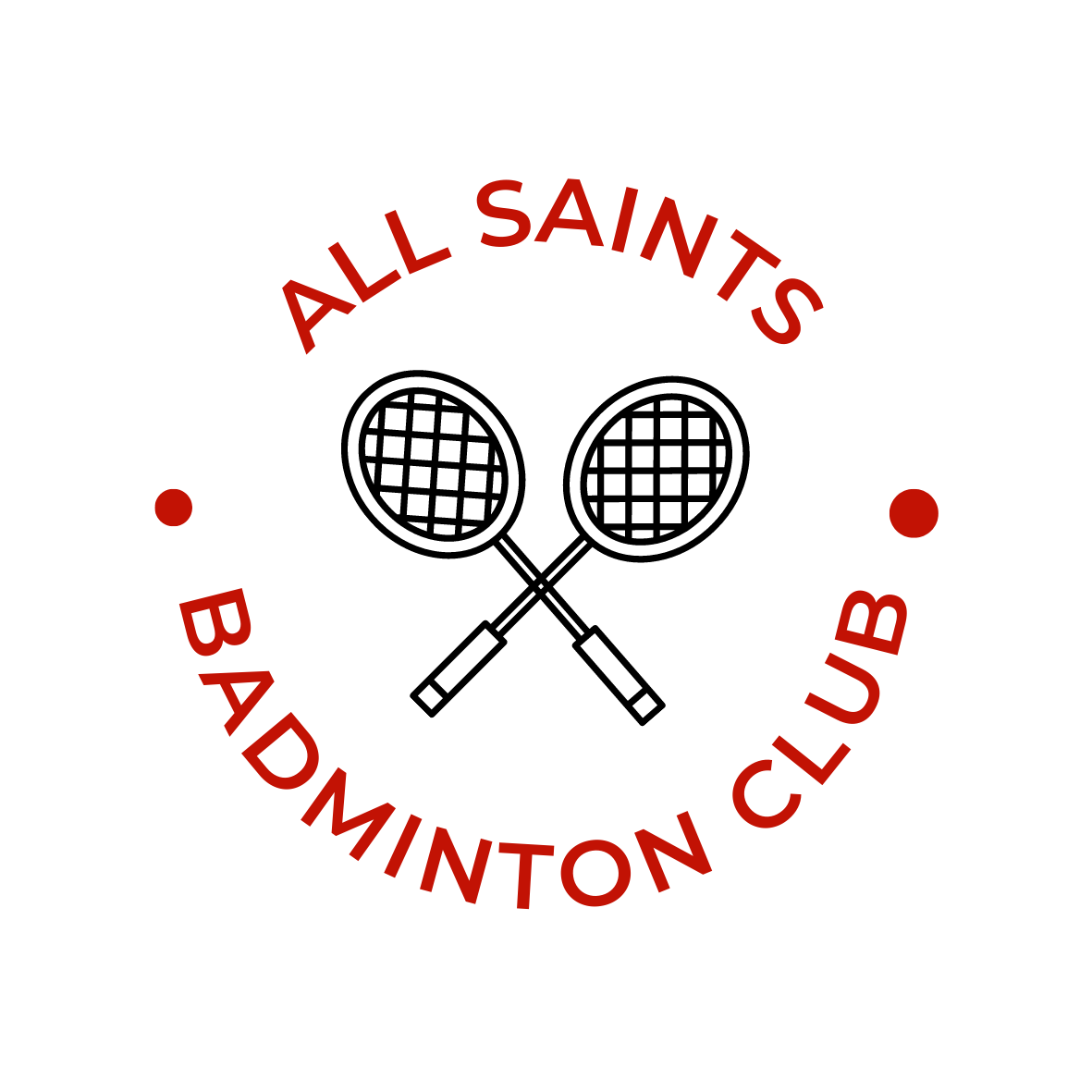 Logo of the All Saints Badminton Club featuring two crossed badminton rackets surrounded by red text.