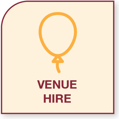 A sign with a balloon icon above the words 'Venue Hire' in bold maroon letters.